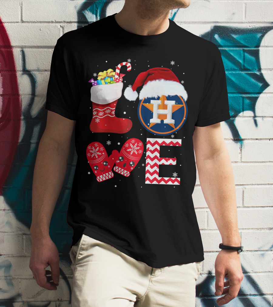 Christmas Love Houston Astros Snowflake Stocking Mittens Santa Hat T-Shirt