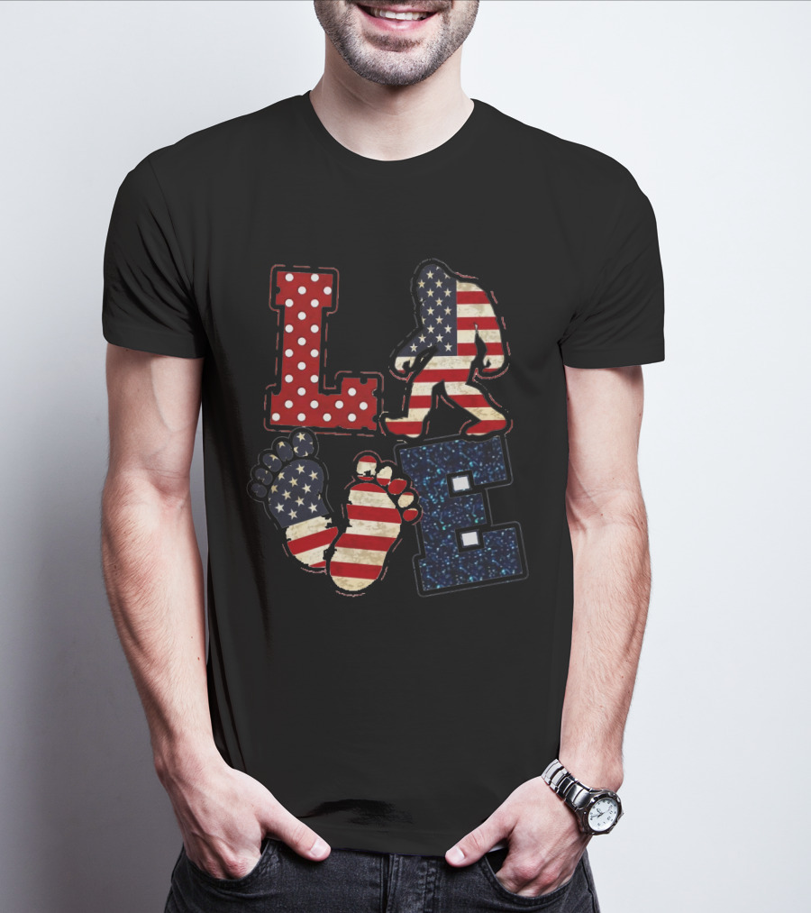 Patriotic Bigfoot Love American Flag T-Shirt
