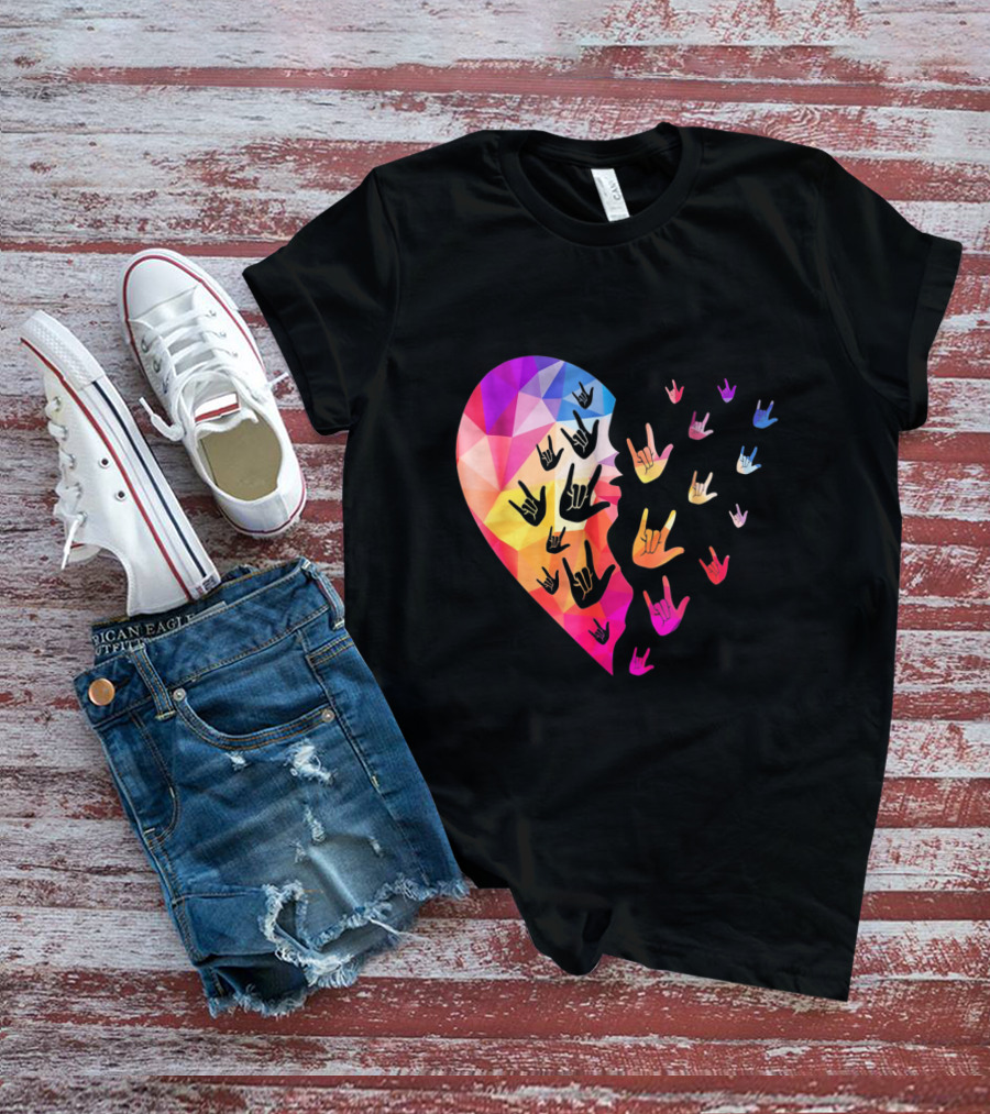Broken Geometric Heart With Colorful Sign Language Hands T-Shirt
