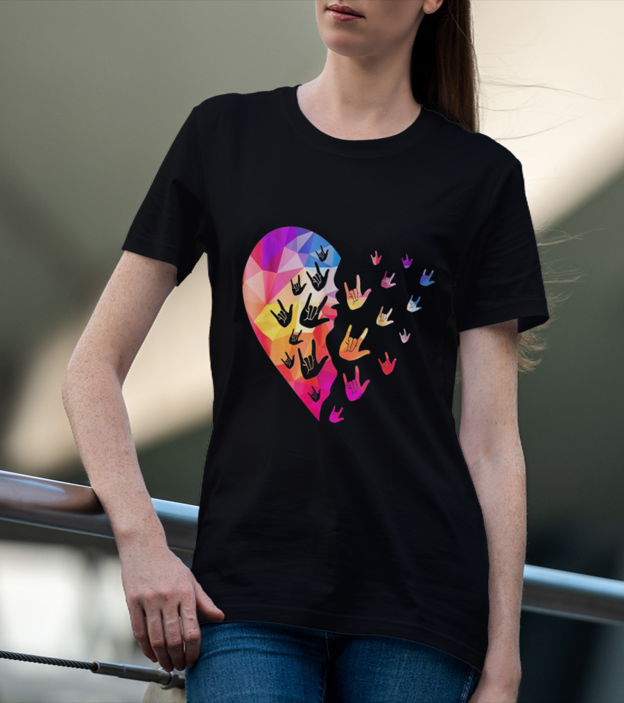 Broken Geometric Heart With Colorful Sign Language Hands T-Shirt