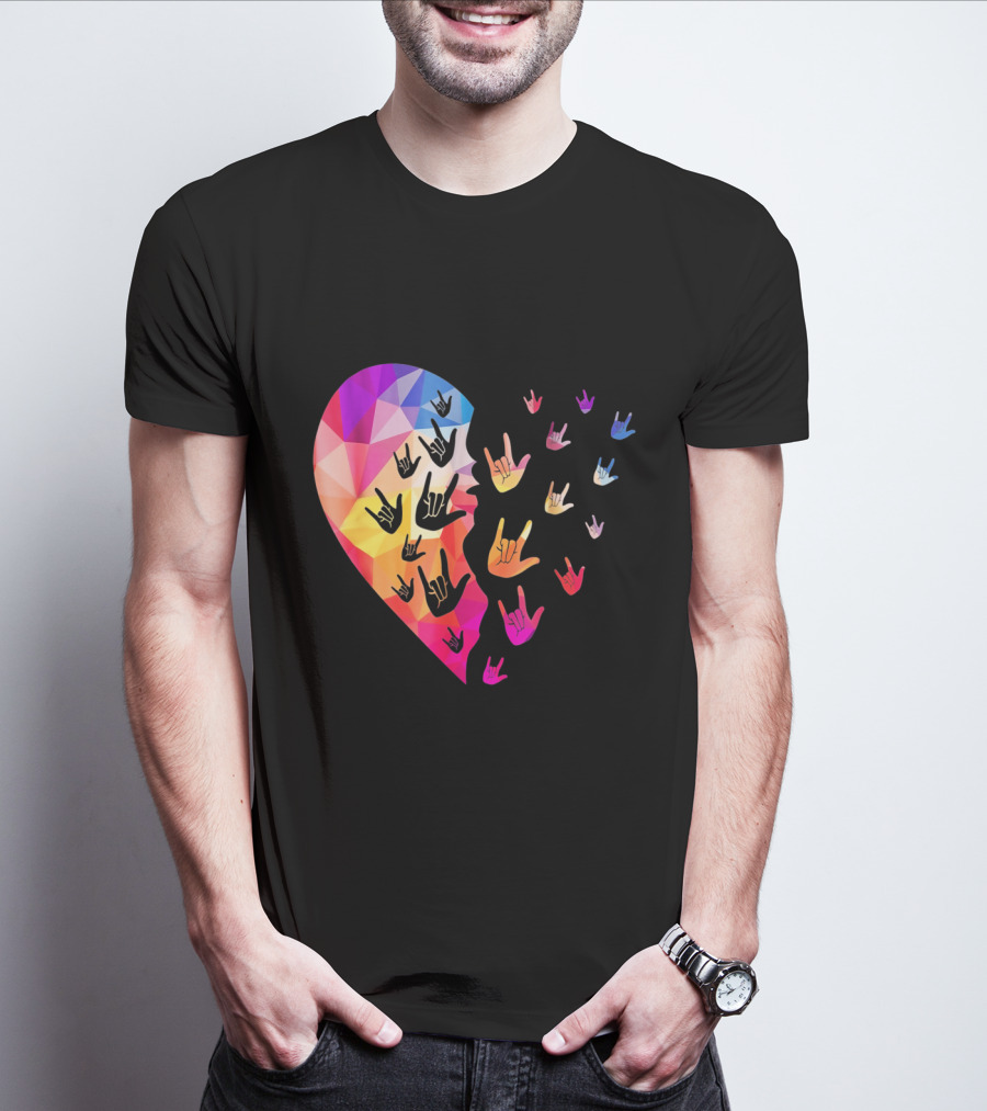 Broken Geometric Heart With Colorful Sign Language Hands T-Shirt