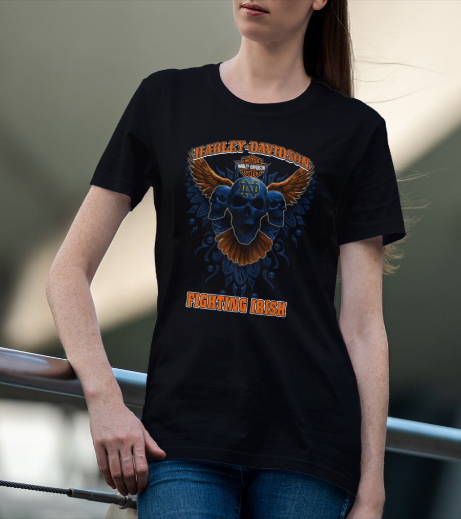 Harley Davidson Motorcycles Notre Dame Fighting Irish Skulls Wings T-Shirt