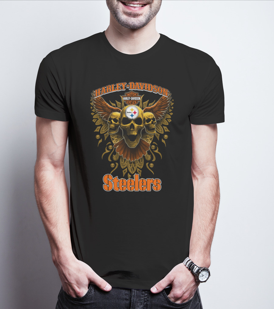 Harley Davidson Steelers Motor Cycles Skulls Wings T-Shirt