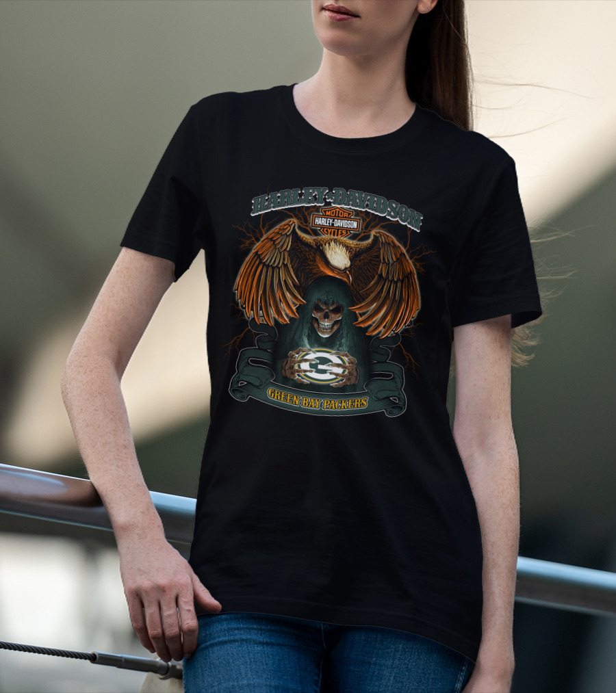 Harley Davidson Green Bay Packers Nfl Skull And Eagle T-Shirt