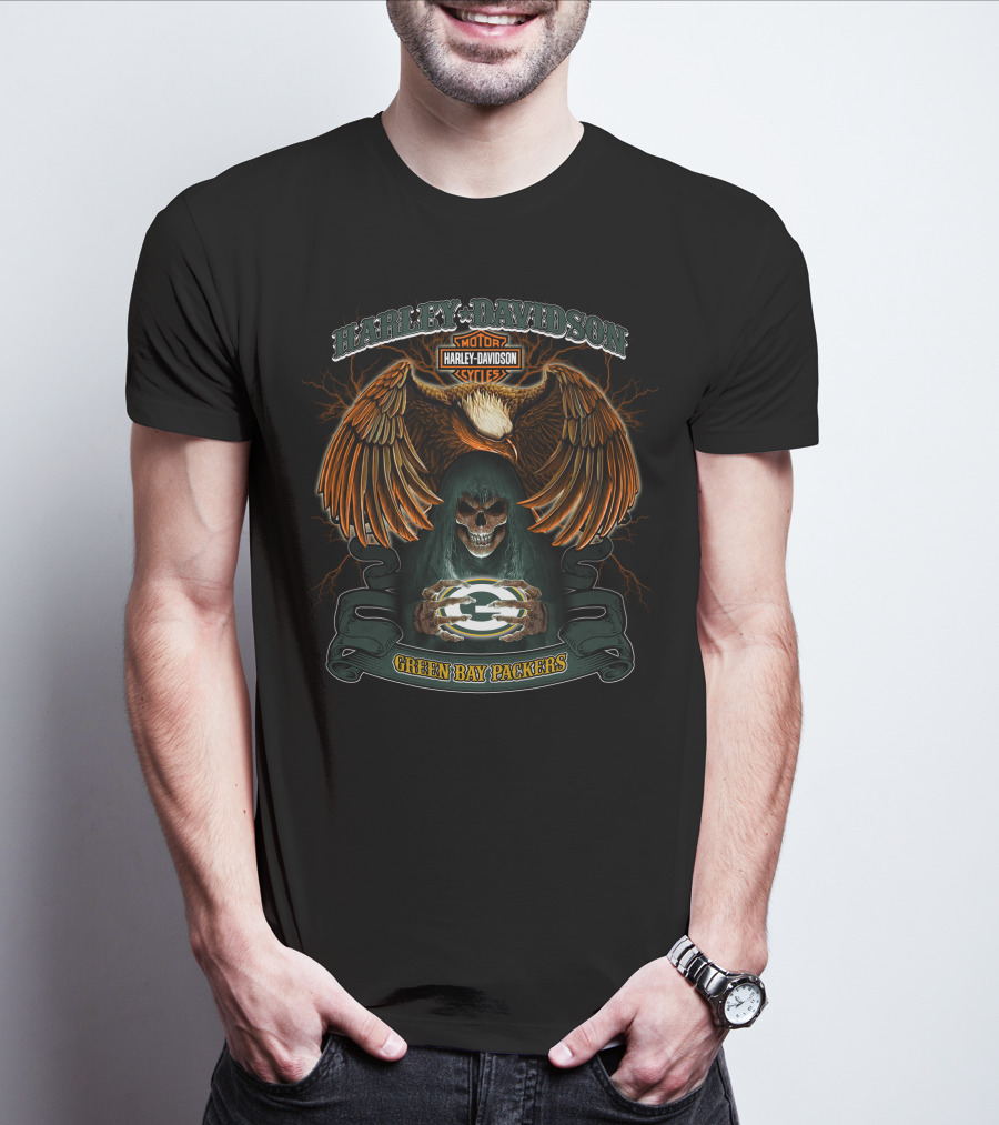 Harley Davidson Green Bay Packers Nfl Skull And Eagle T-Shirt