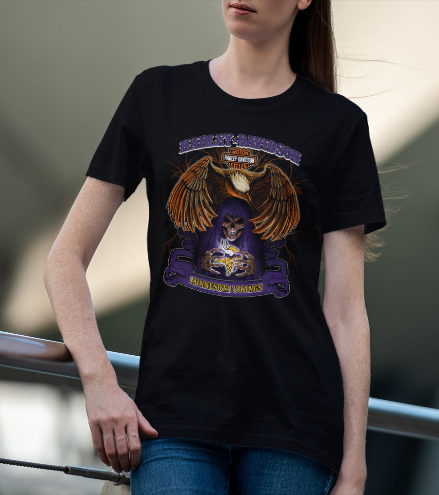Harley Davidson Minnesota Vikings Nfl Skull And Eagle T-Shirt