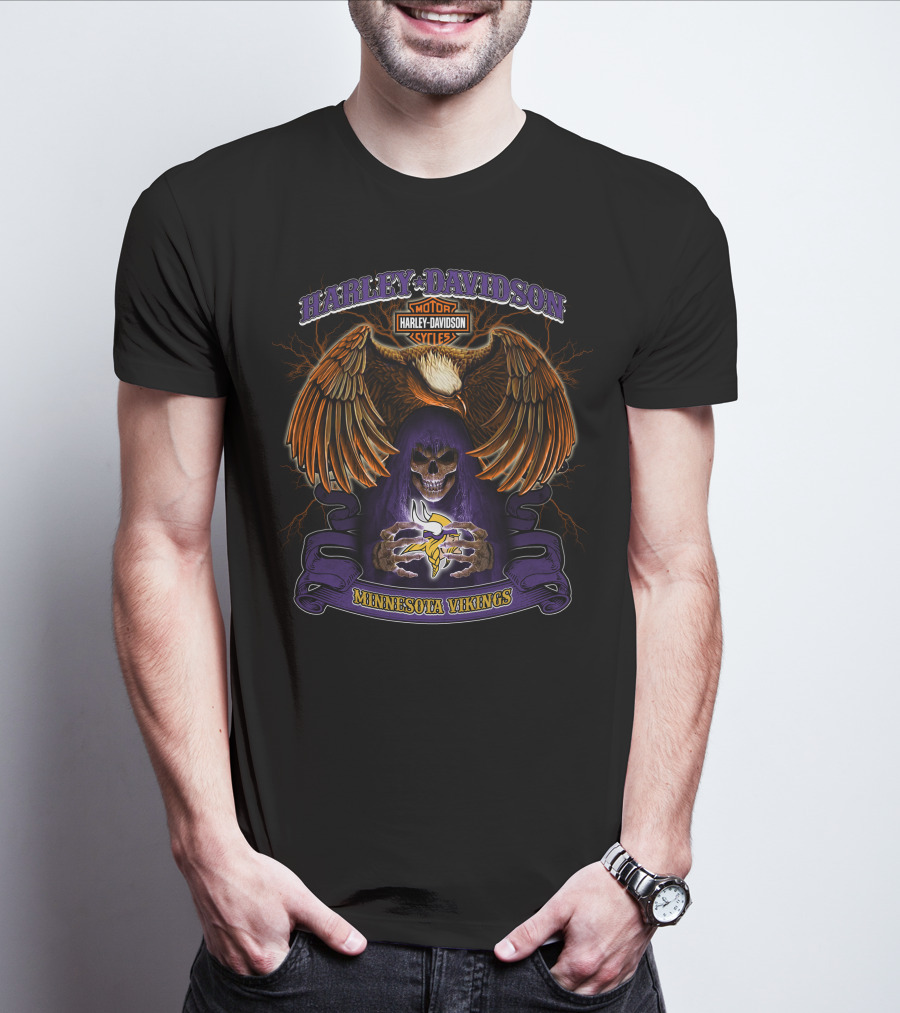 Harley Davidson Minnesota Vikings Nfl Skull And Eagle T-Shirt