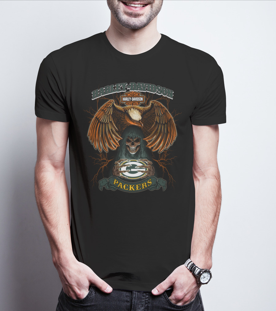 Harley Davidson Motor Cycles Packers Eagle Skull T-Shirt