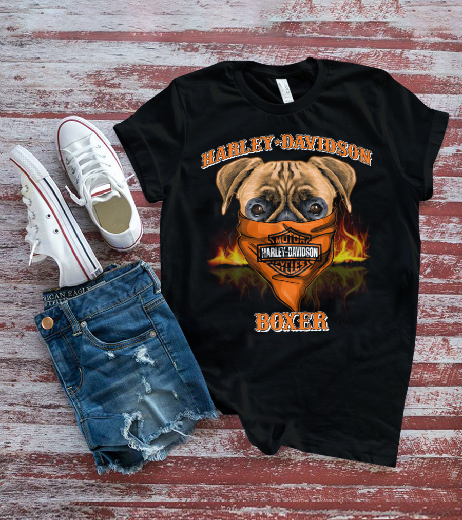 Harley Davidson Motorcycles Boxer Dog In Bandana With Flames T-Shirt