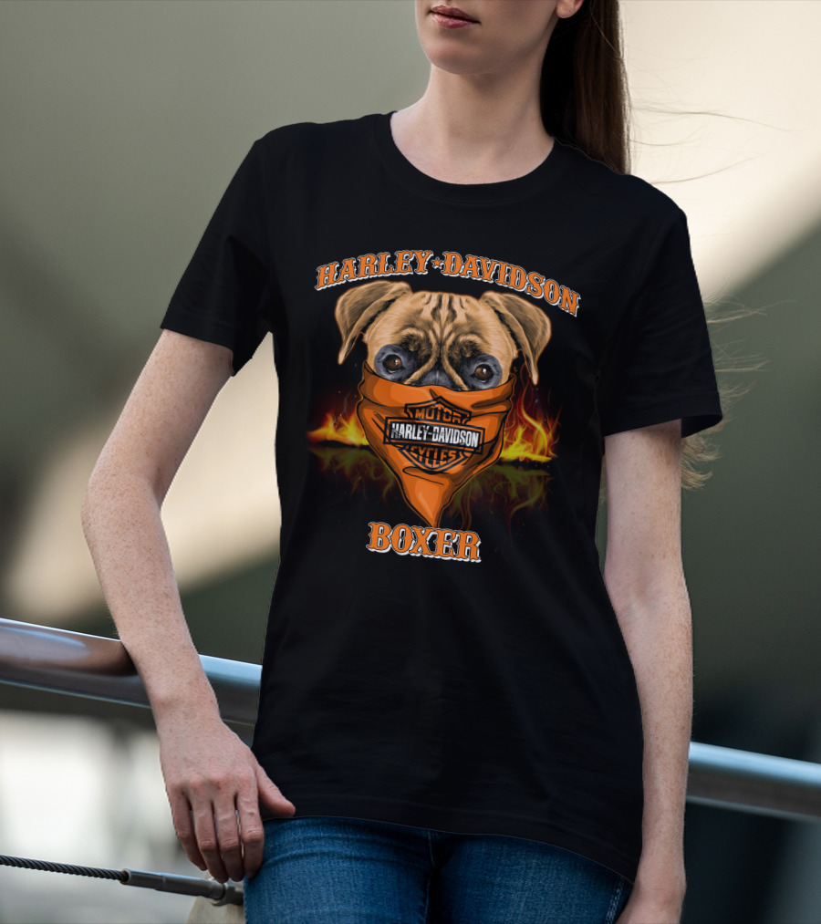 Harley Davidson Motorcycles Boxer Dog In Bandana With Flames T-Shirt