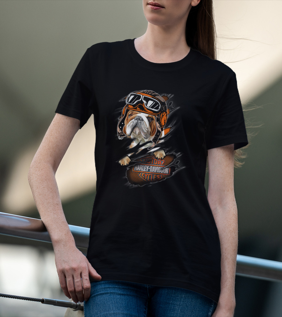 Bulldog With Helmet And Goggles Harley Davidson Cycles T-Shirt