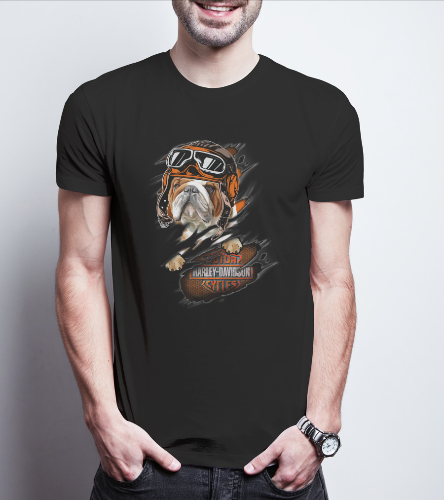 Bulldog With Helmet And Goggles Harley Davidson Cycles T-Shirt