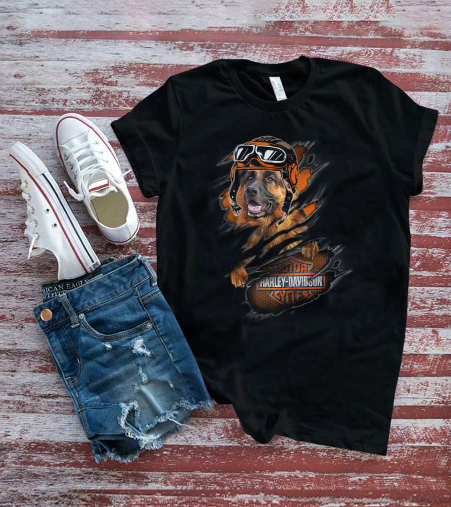 German Shepherd With Harley Davidson Motor Cycles Helmet T-Shirt