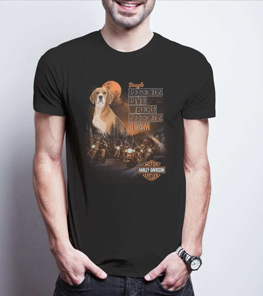 Beagle Legends Live Where Legends Roam Harley Davidson Cycles Moonlit Night T-Shirt