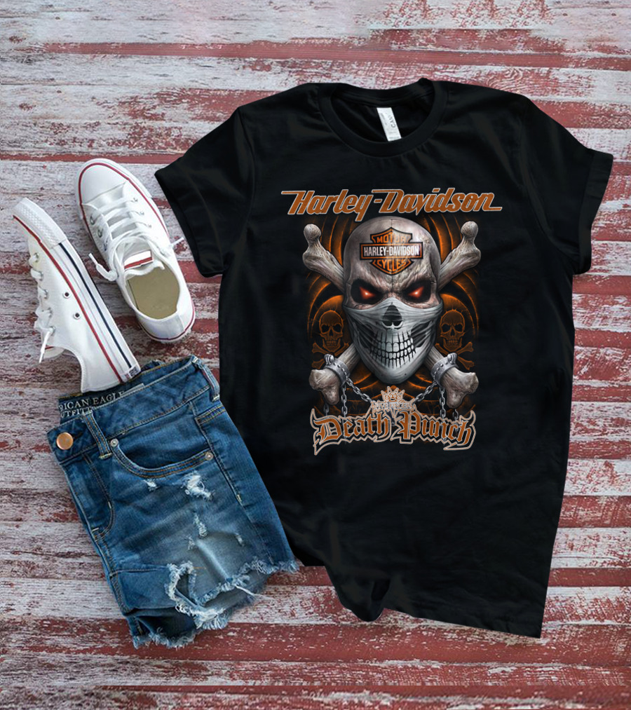 Harley Davidson Five Finger Death Punch Skull With Motor Cycles T-Shirt
