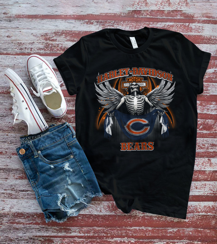 Harley Davidson Chicago Bears Skeleton Wings T-Shirt
