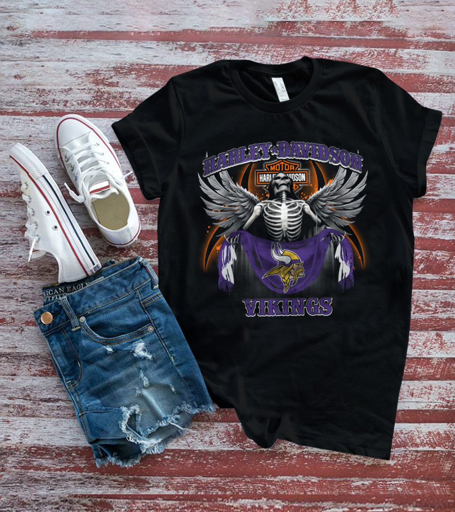Harley Davidson Minnesota Vikings Skeleton Wings Motorcycle And Nfl Fan T-Shirt