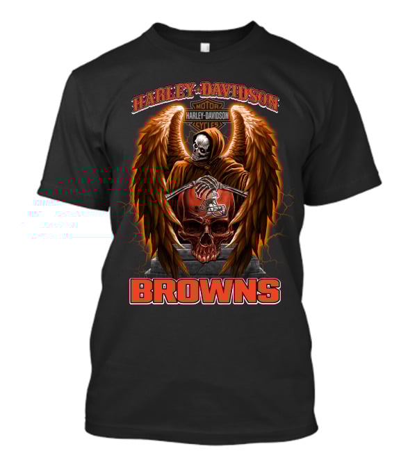 Harley Davidson Motorcycles Cleveland Browns Skull Angel Wings Nfl T-Shirt