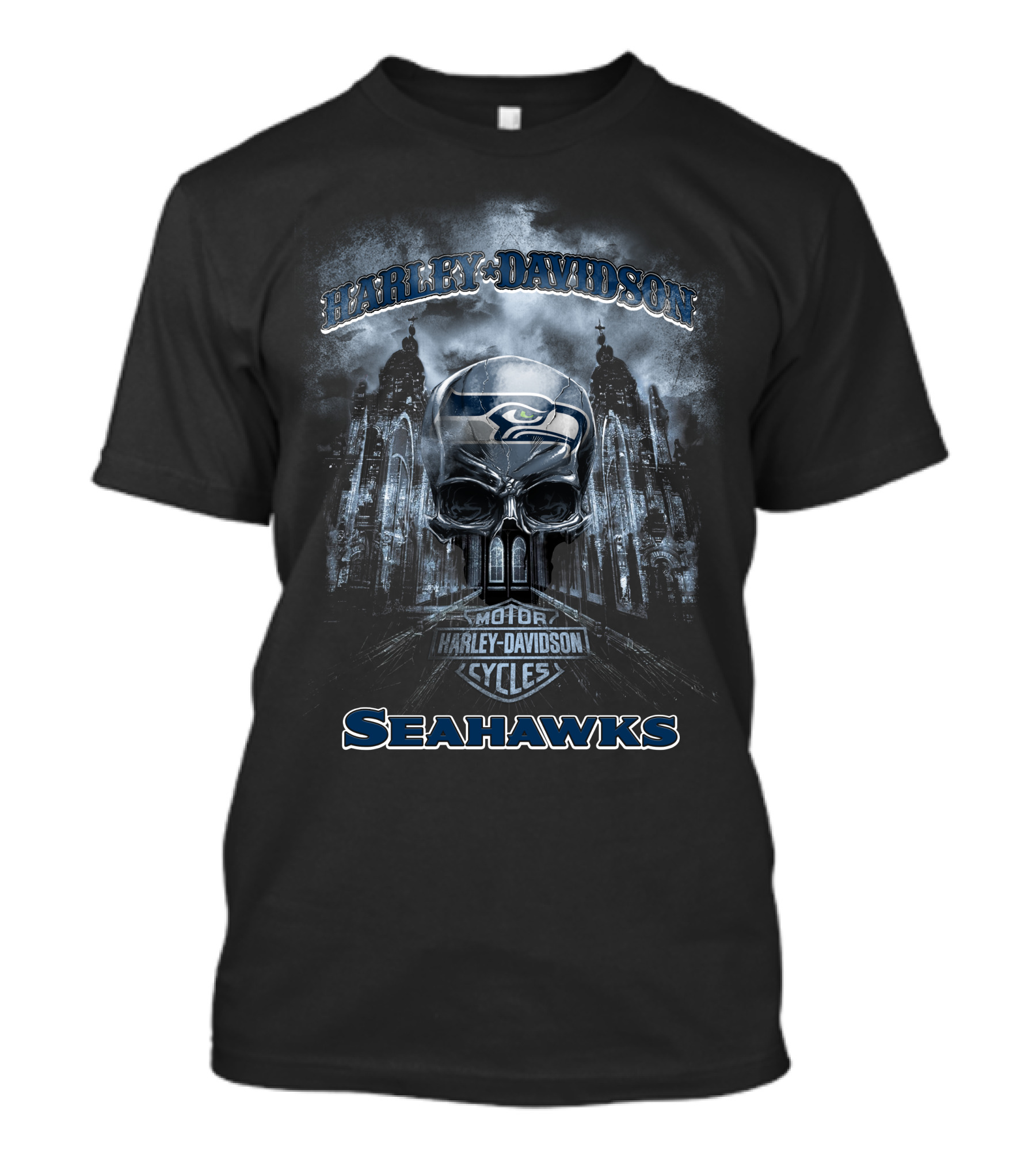 Harley Davidson Motor Cycles Skull Seattle Seahawks T-Shirt