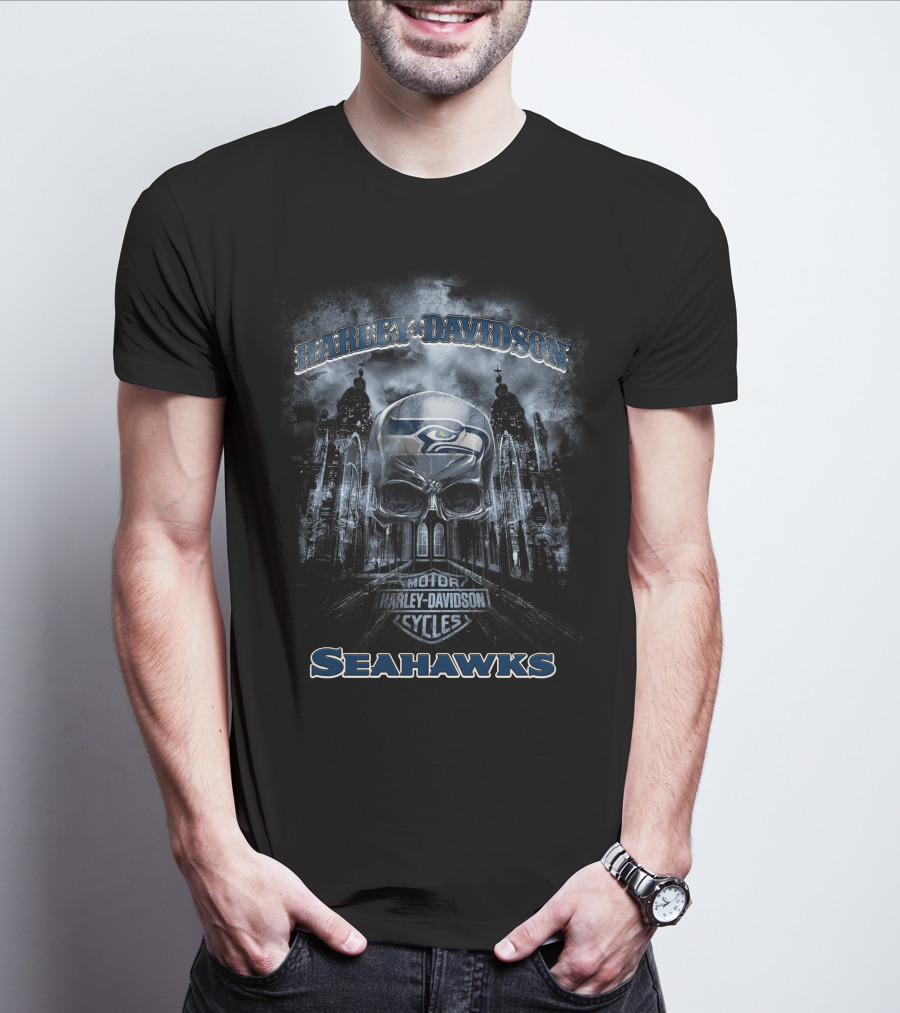 Harley Davidson Motor Cycles Skull Seattle Seahawks T-Shirt