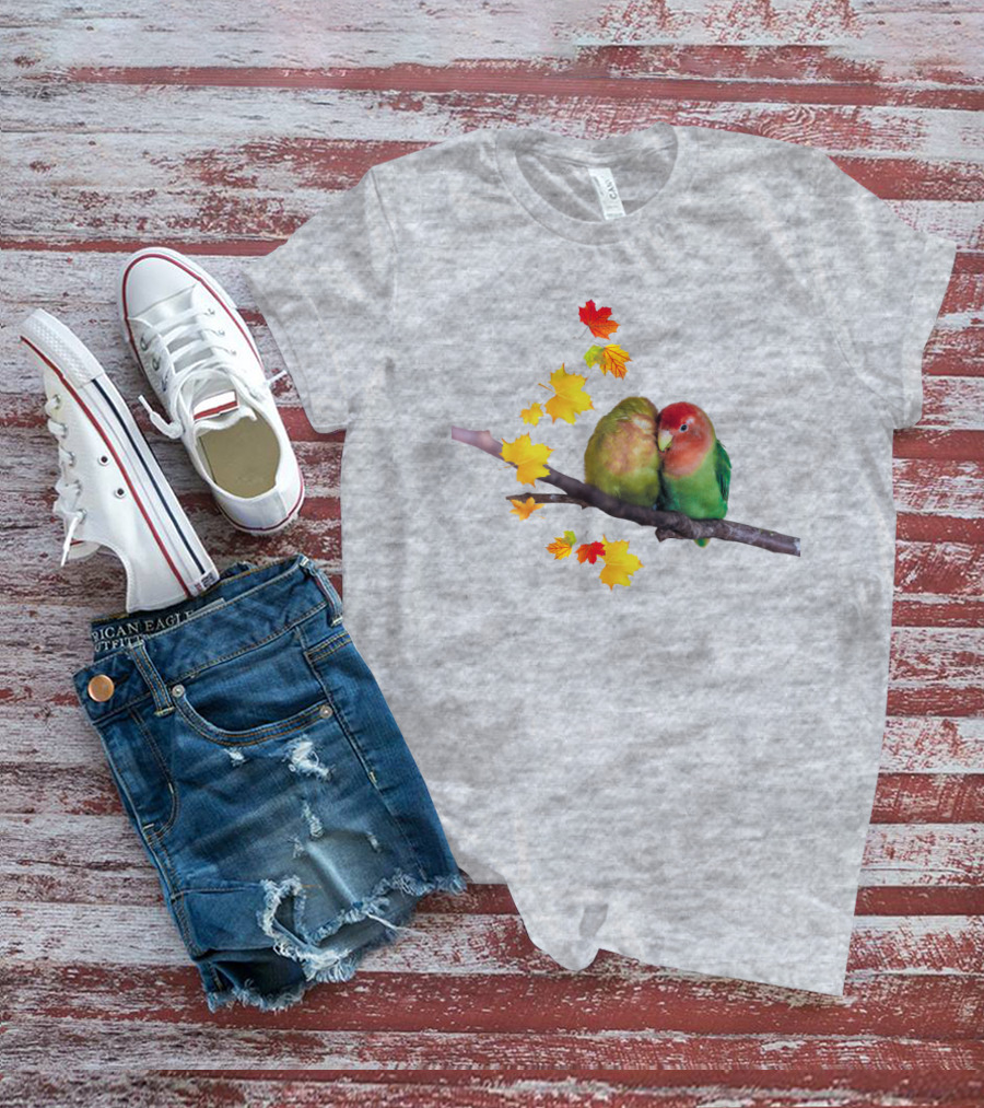 Lovebirds With Autumn Leaves On Branch T-Shirt