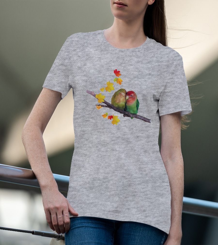 Lovebirds With Autumn Leaves On Branch T-Shirt