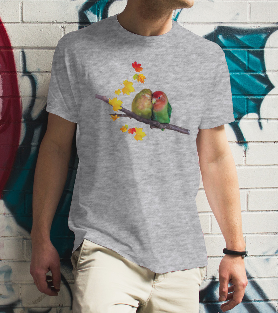 Lovebirds With Autumn Leaves On Branch T-Shirt