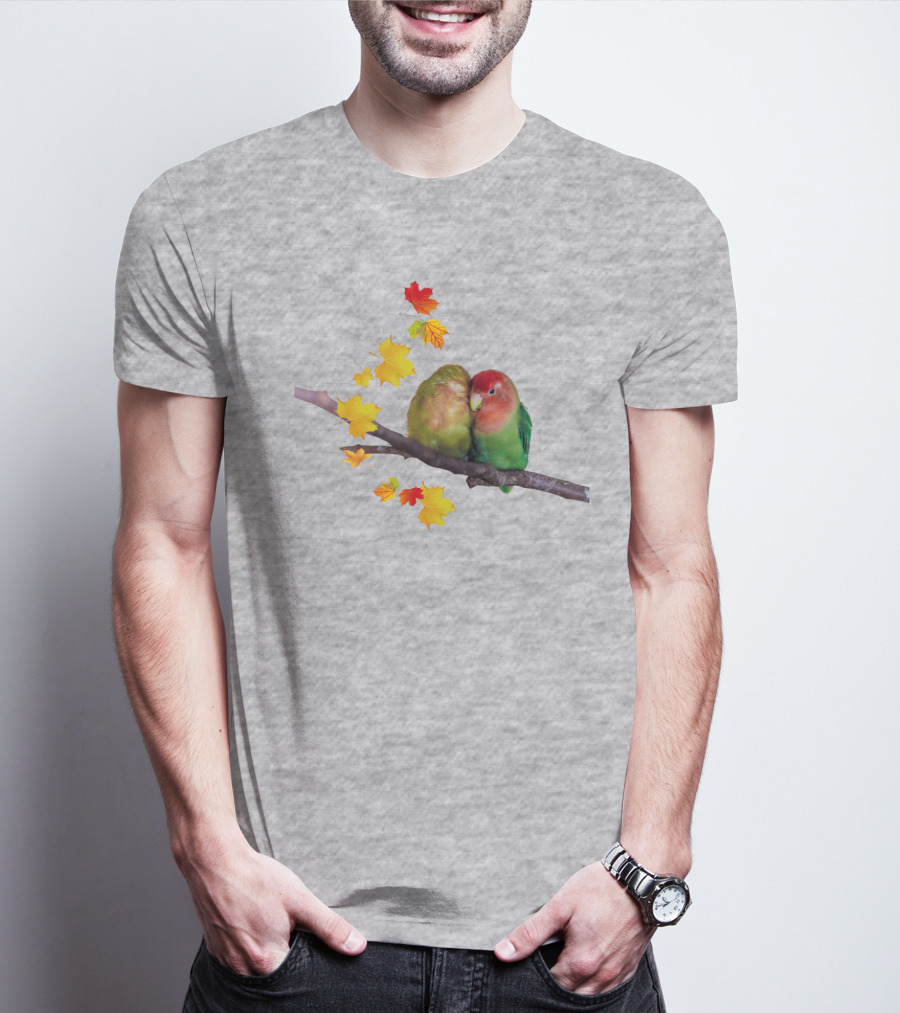 Lovebirds With Autumn Leaves On Branch T-Shirt
