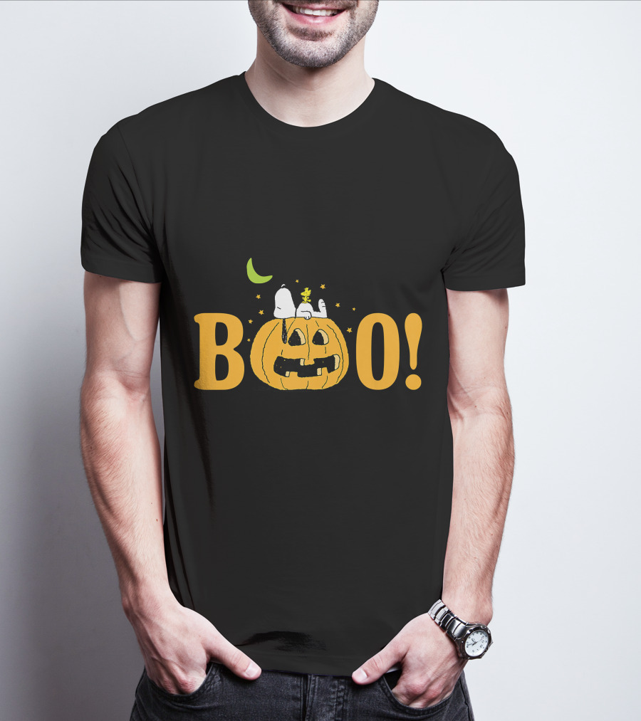 Snoopy And Woodstock Halloween Boo Pumpkin Moon Stars T-Shirt