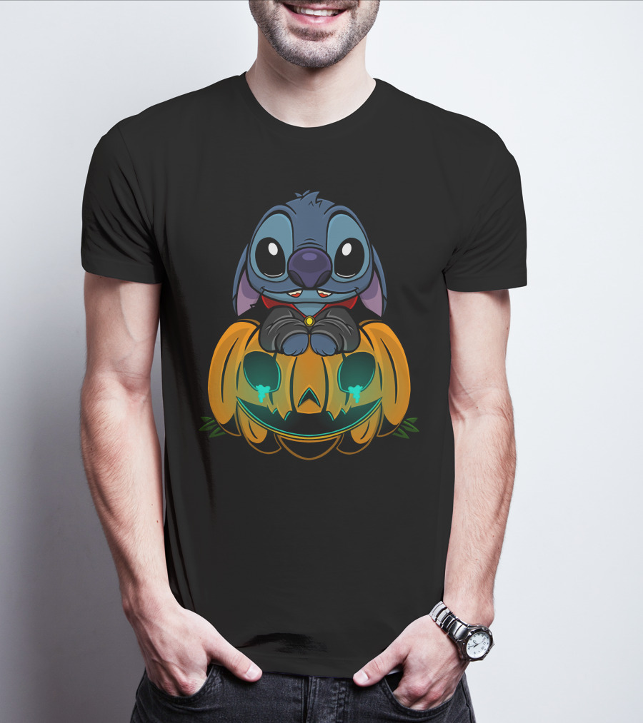 Cute Halloween Stitch With Glowing Pumpkin T-Shirt