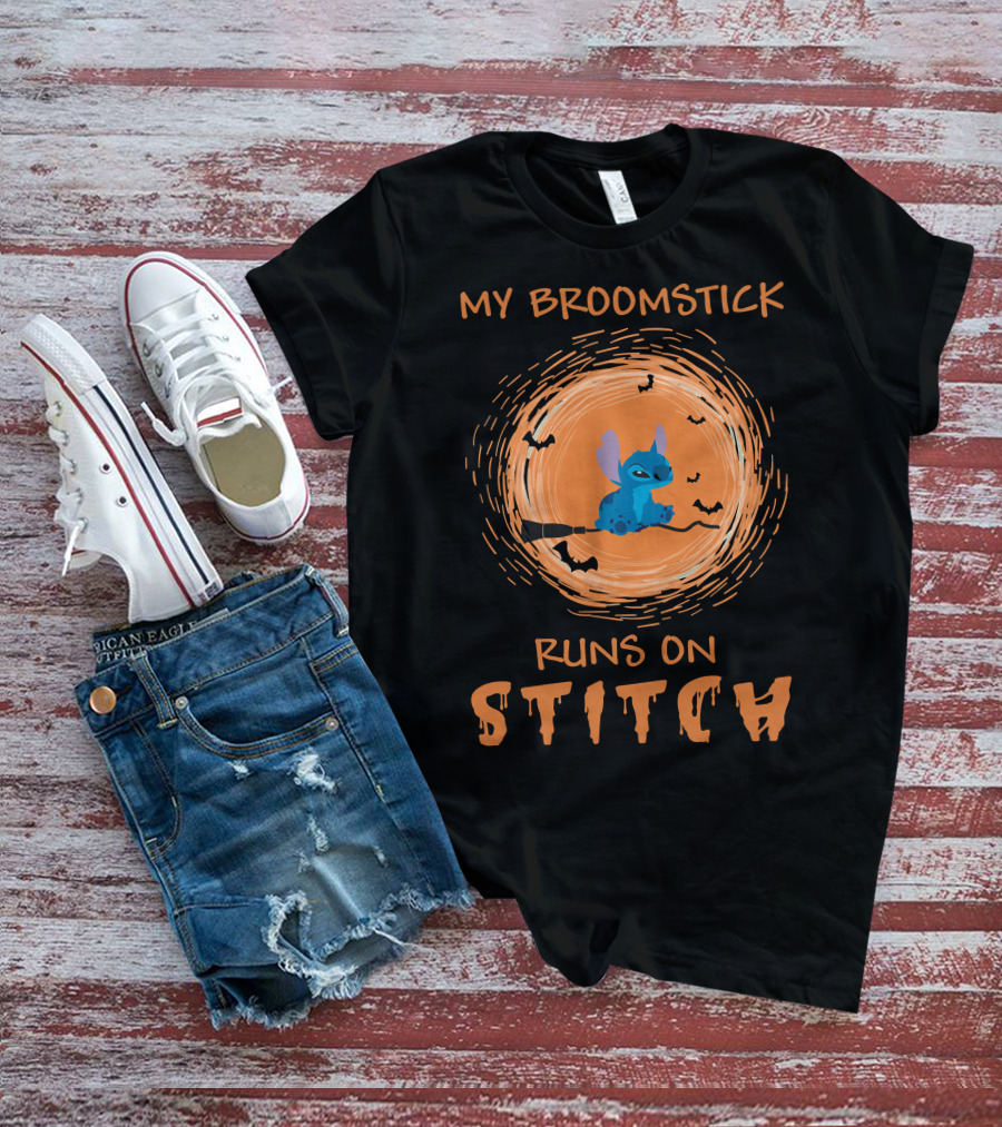 My Broomstick Runs On Stitch Halloween Bats Moon T-Shirt
