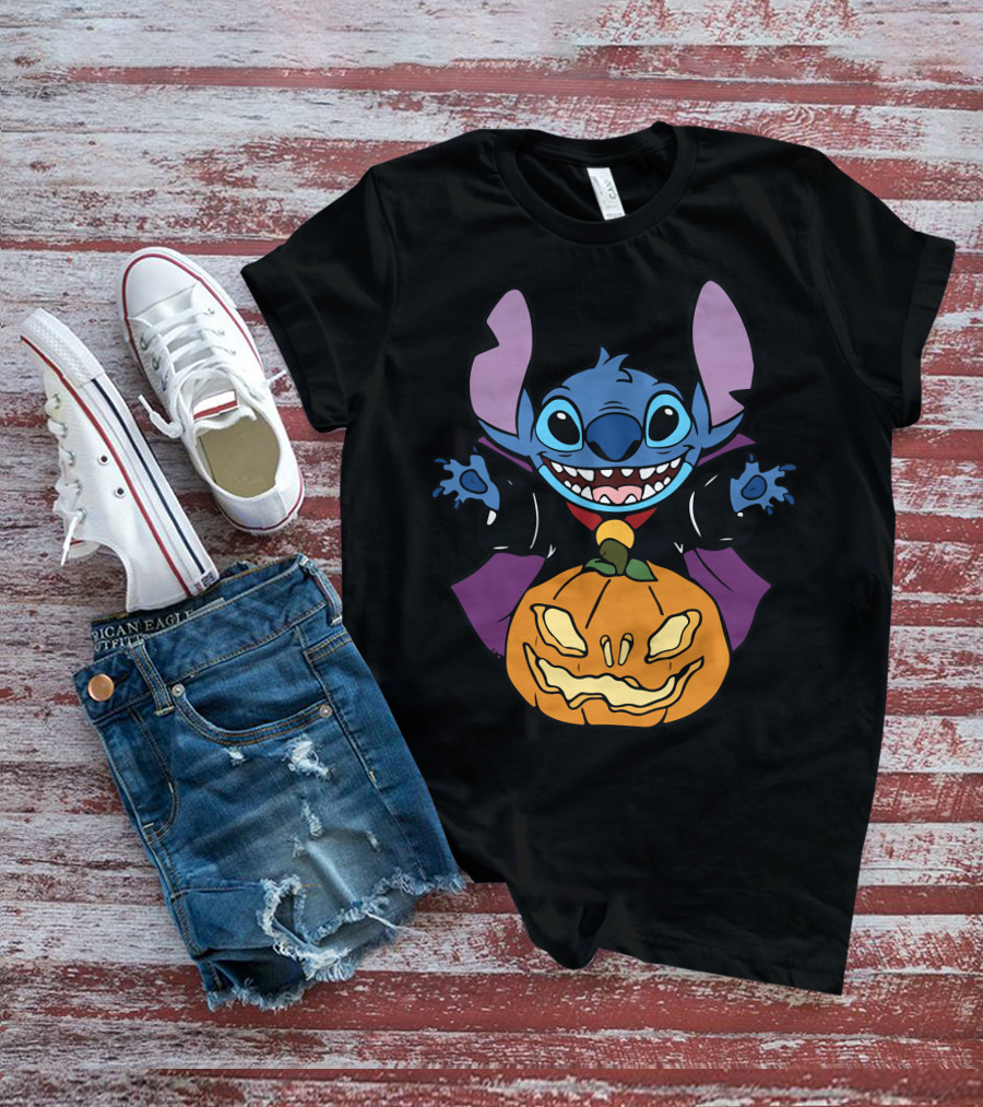 Cute Halloween Vampire Stitch Hugging Pumpkin T-Shirt