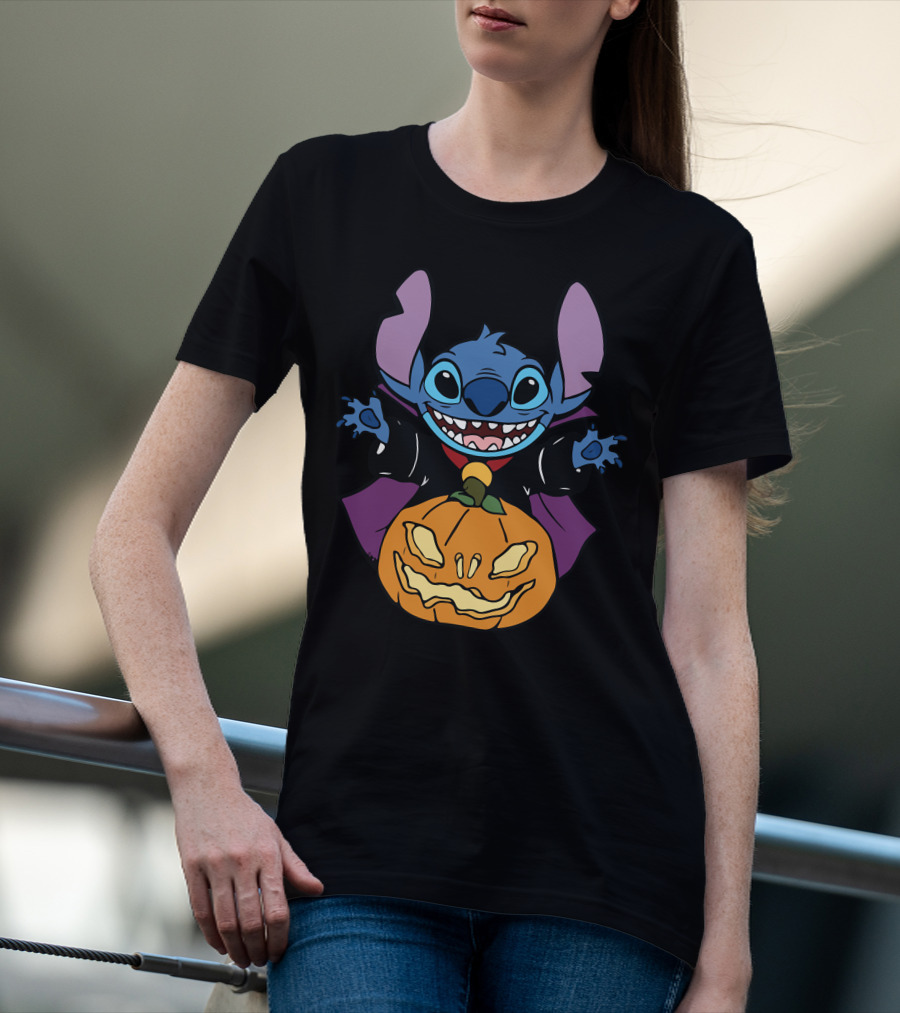 Cute Halloween Vampire Stitch Hugging Pumpkin T-Shirt
