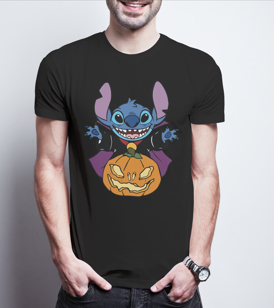 Cute Halloween Vampire Stitch Hugging Pumpkin T-Shirt