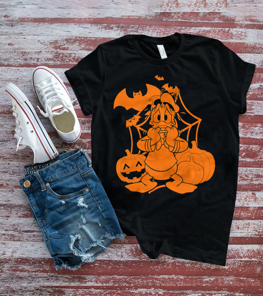 Donald Duck Halloween Pumpkins With Bat And Spider Webs T-Shirt