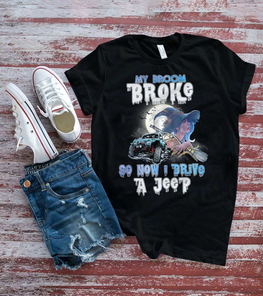 My Broom Broke Witch And Jeep Adventure With Moon And Bats T-Shirt
