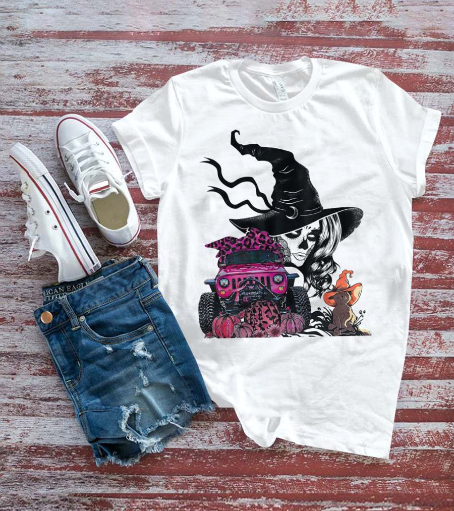 My Broom Broke Now I Drive A Black Jeep With Witch Hat And Halloween Cat T-Shirt
