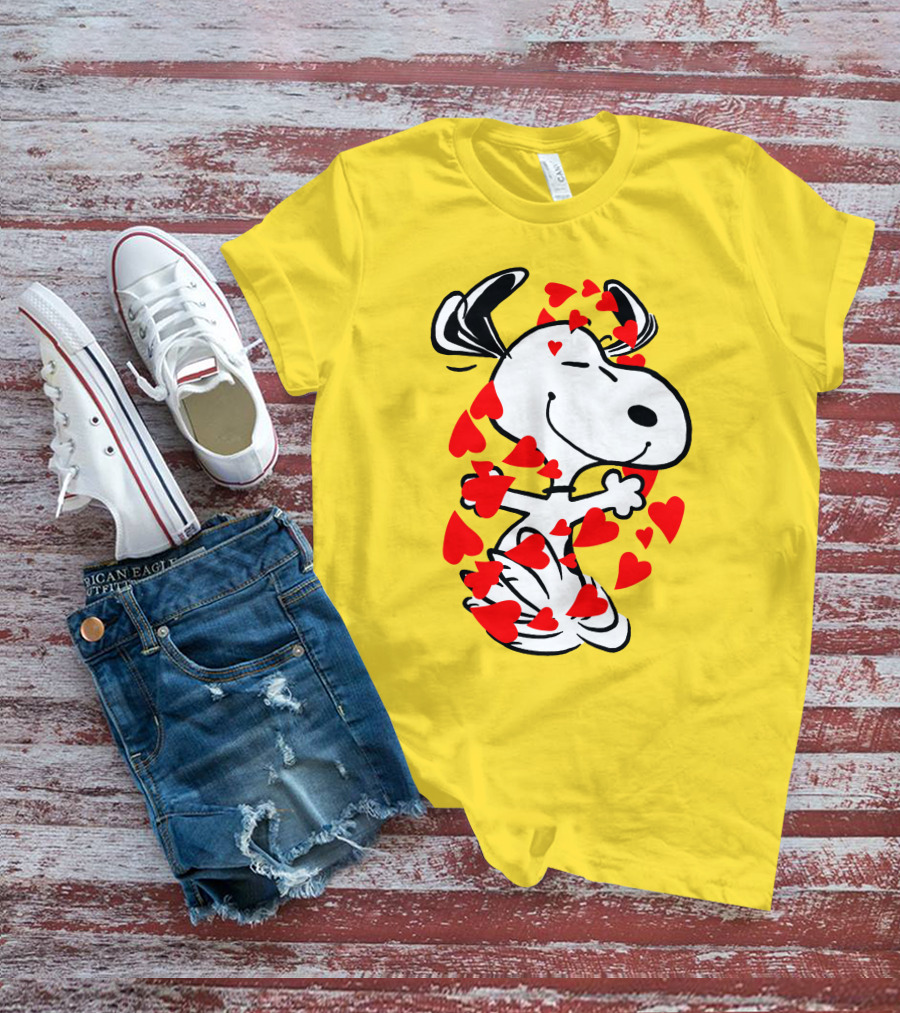 Snoopy Surrounded By Red Hearts Hugging Blissfully T-Shirt