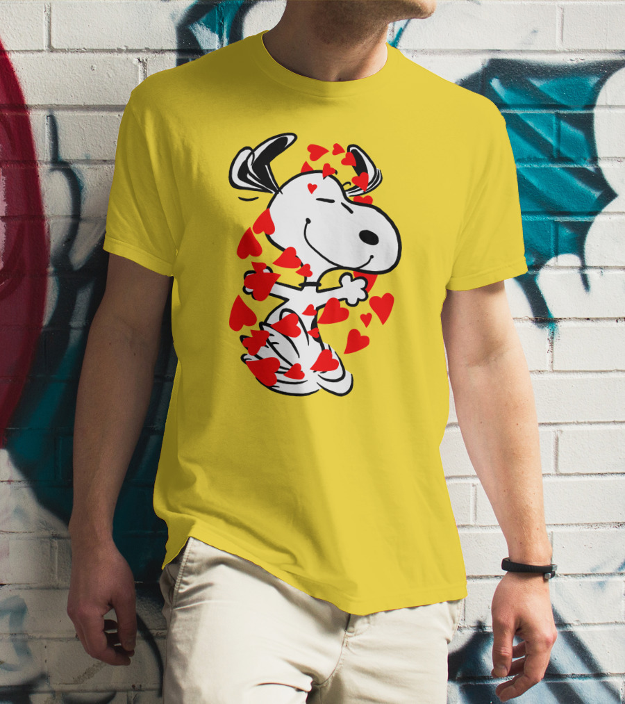Snoopy Surrounded By Red Hearts Hugging Blissfully T-Shirt