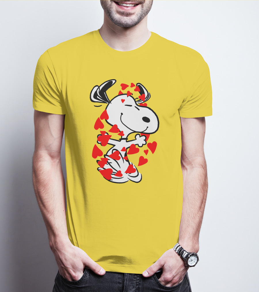 Snoopy Surrounded By Red Hearts Hugging Blissfully T-Shirt