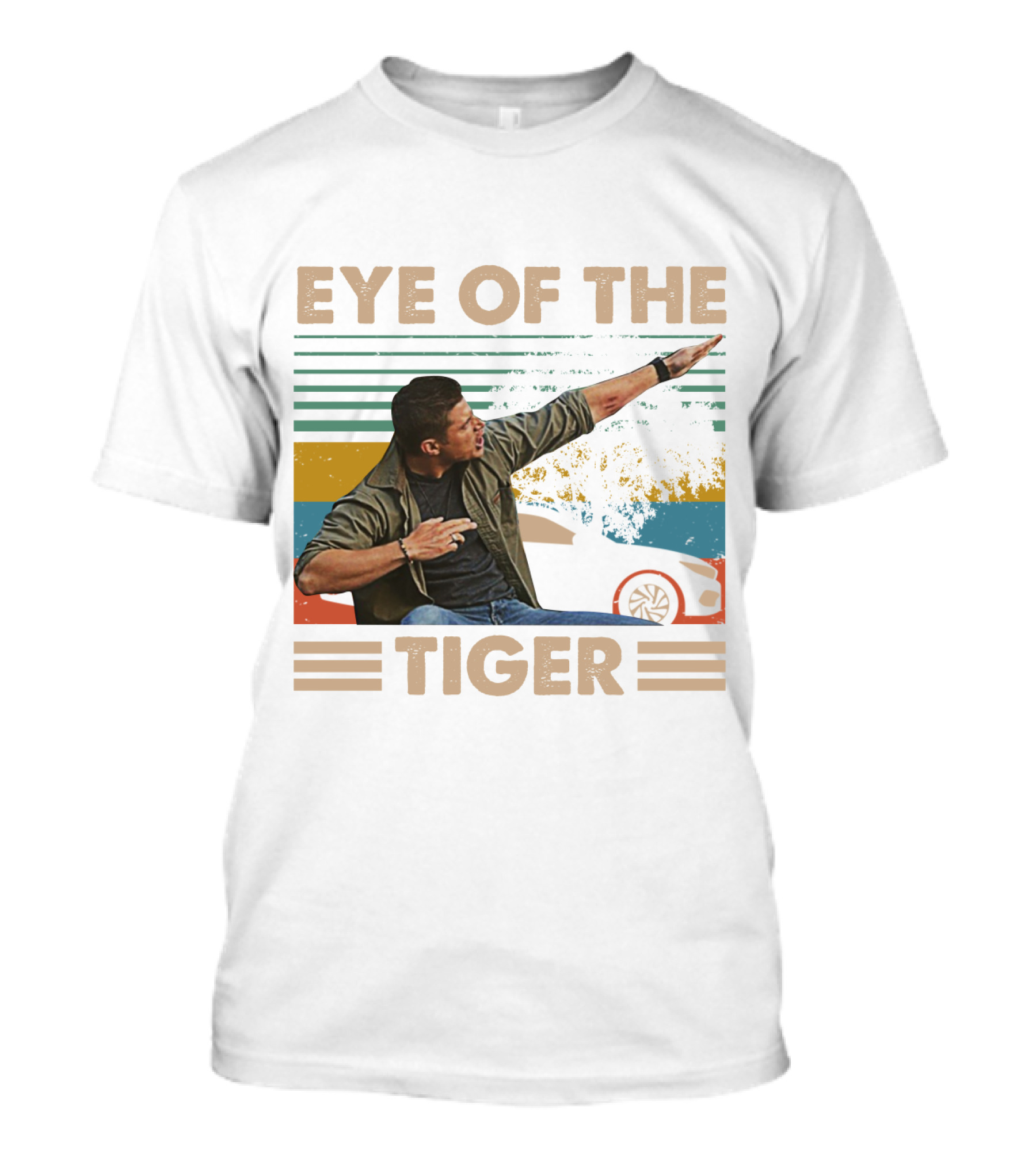 EYE OF THE TIGER Retro Action Pose With Car And Stripes T-Shirt