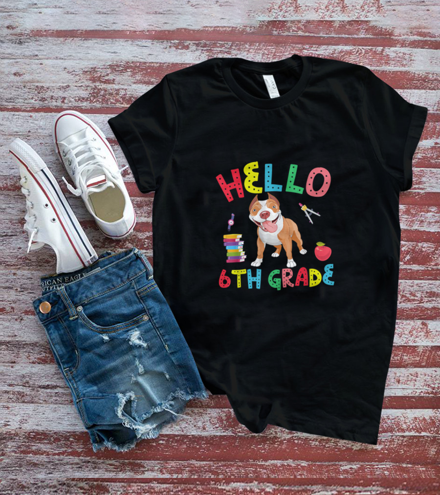 Hello 6th Grade Colorful Pitbull With Books And Apple T-Shirt