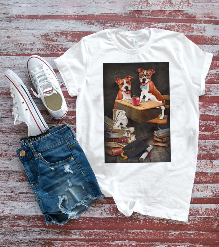 Pitbull Teacher Dogs With Books And Graduation Cap T-Shirt