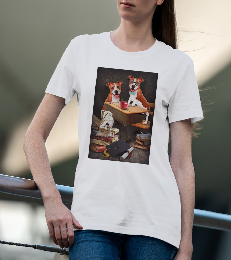 Pitbull Teacher Dogs With Books And Graduation Cap T-Shirt