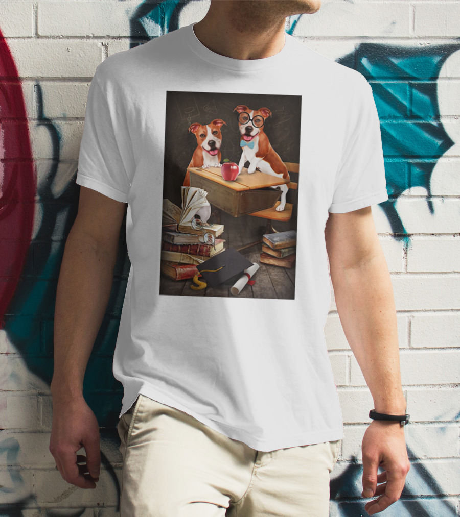 Pitbull Teacher Dogs With Books And Graduation Cap T-Shirt