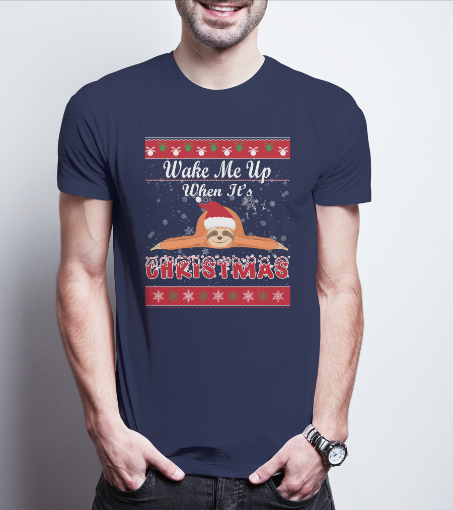Wake Me Up When It's Christmas Sloth Santa Hat Snowflakes Zzz T-Shirt