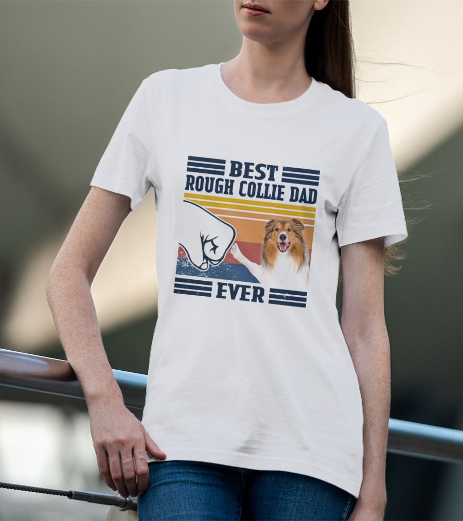 Best Rough Collie Dad Ever Fist Bump Retro Stripes T-Shirt