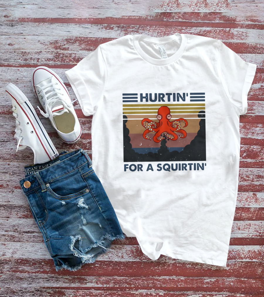 Hurtin' For A Squirtin' Octopus Retro Sunset Ocean Scene T-Shirt