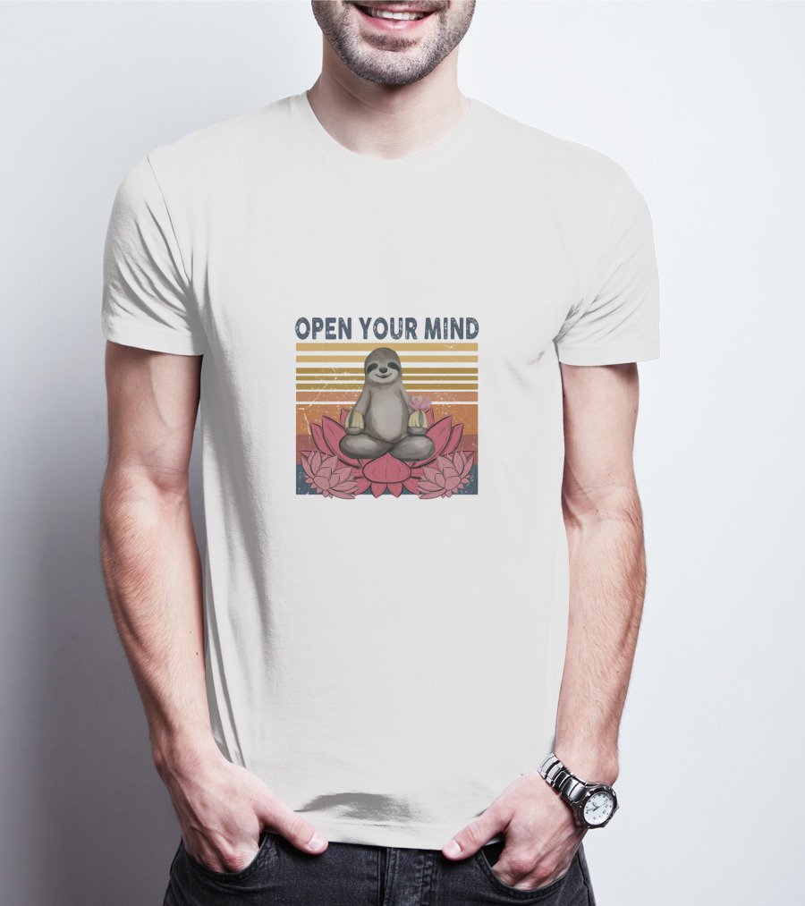 Open Your Mind Yoga Sloth On Lotus With Retro Stripes T-Shirt