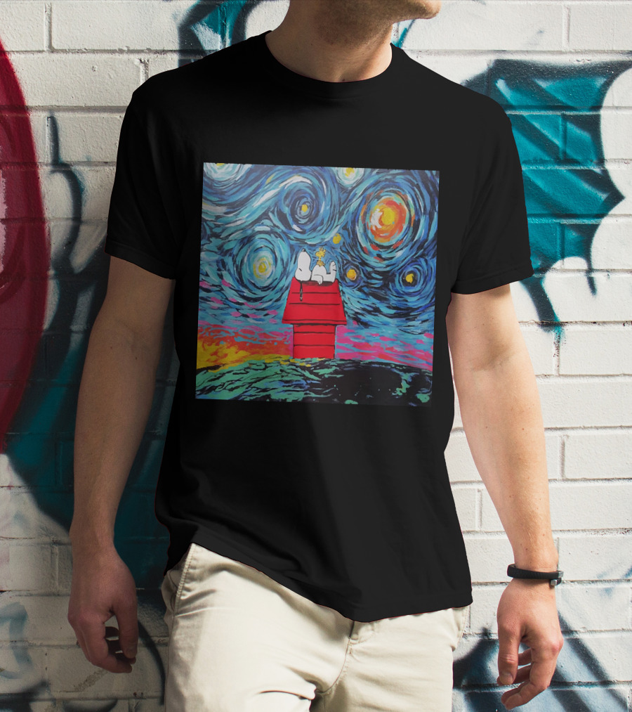 Snoopy And Woodstock On The Doghouse Under A Starry Night T-Shirt
